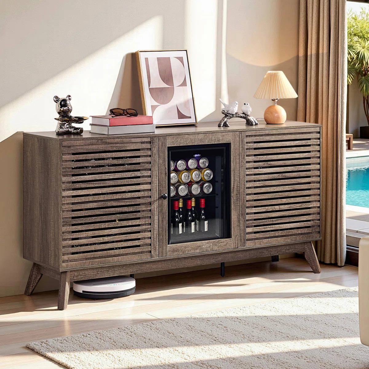 60" Mid-Century Coffee Bar Cabinet With Integrated Beverage Fridge, Adjustable Storage, Slatted D... | Wayfair North America