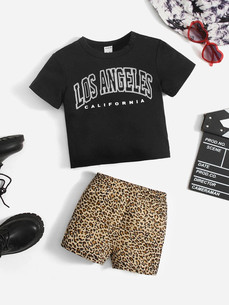 SHEIN Baby Letter Graphic Tee & Leopard Print Shorts | SHEIN