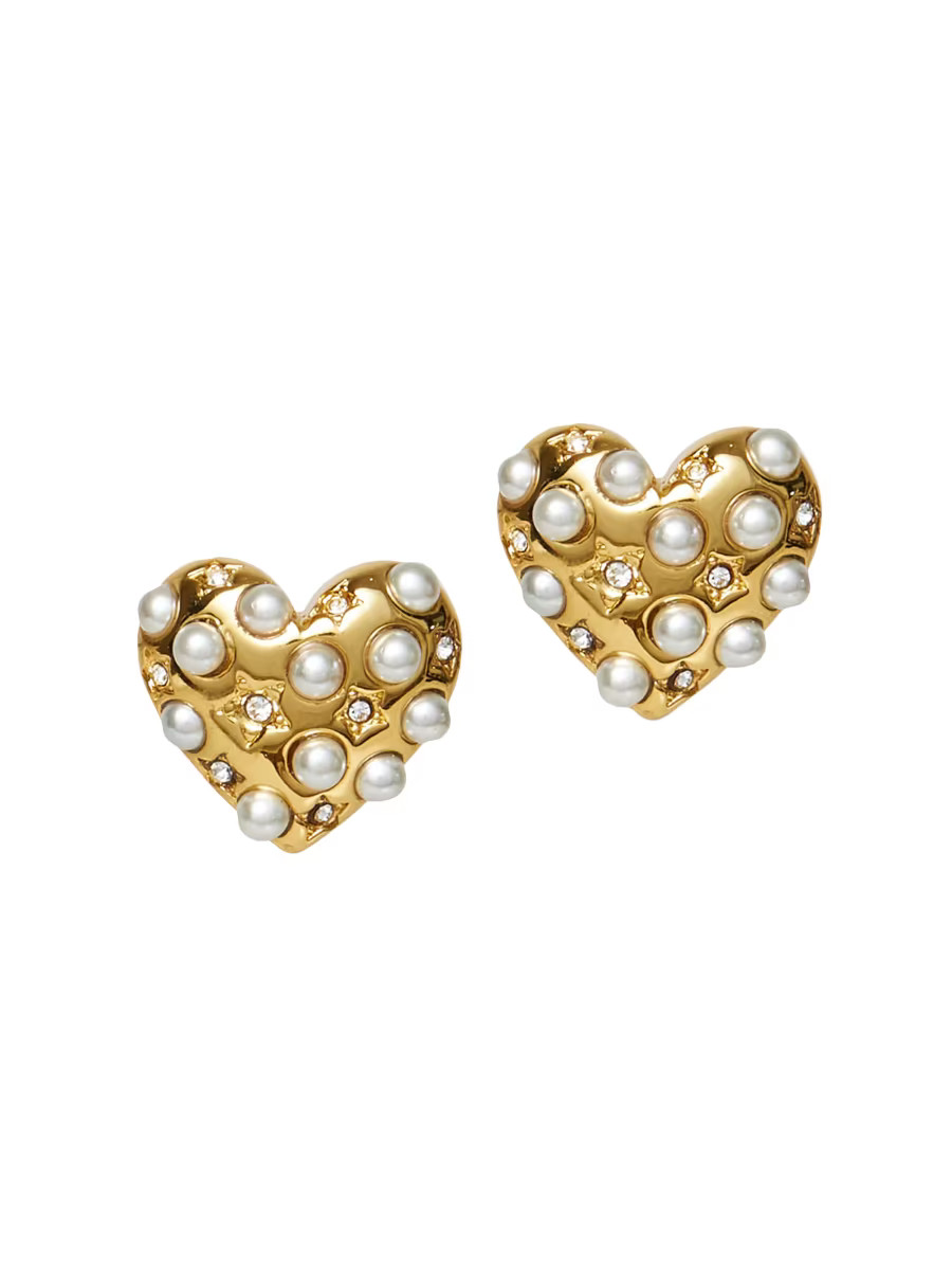 Celestial Heart 14K-Gold-Plated, Imitation Pearl & Crystal Stud Earrings | Saks Fifth Avenue