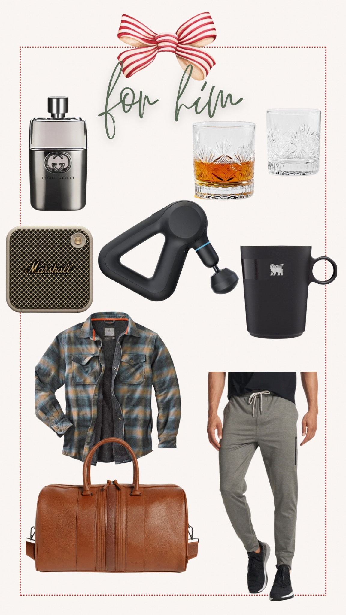 Gift Guide. Gifts for him. Gift ideas. Guy gifts. Speaker. Flannel. Joggers. Whisky. Crystal. Glasses. Mug. Coffee. Stanley. Massage.  Massager. Cologne. GUCCI. Gucci. Travel. Travel bag.

#LTKHoliday #LTKGiftGuide #LTKfindsunder100