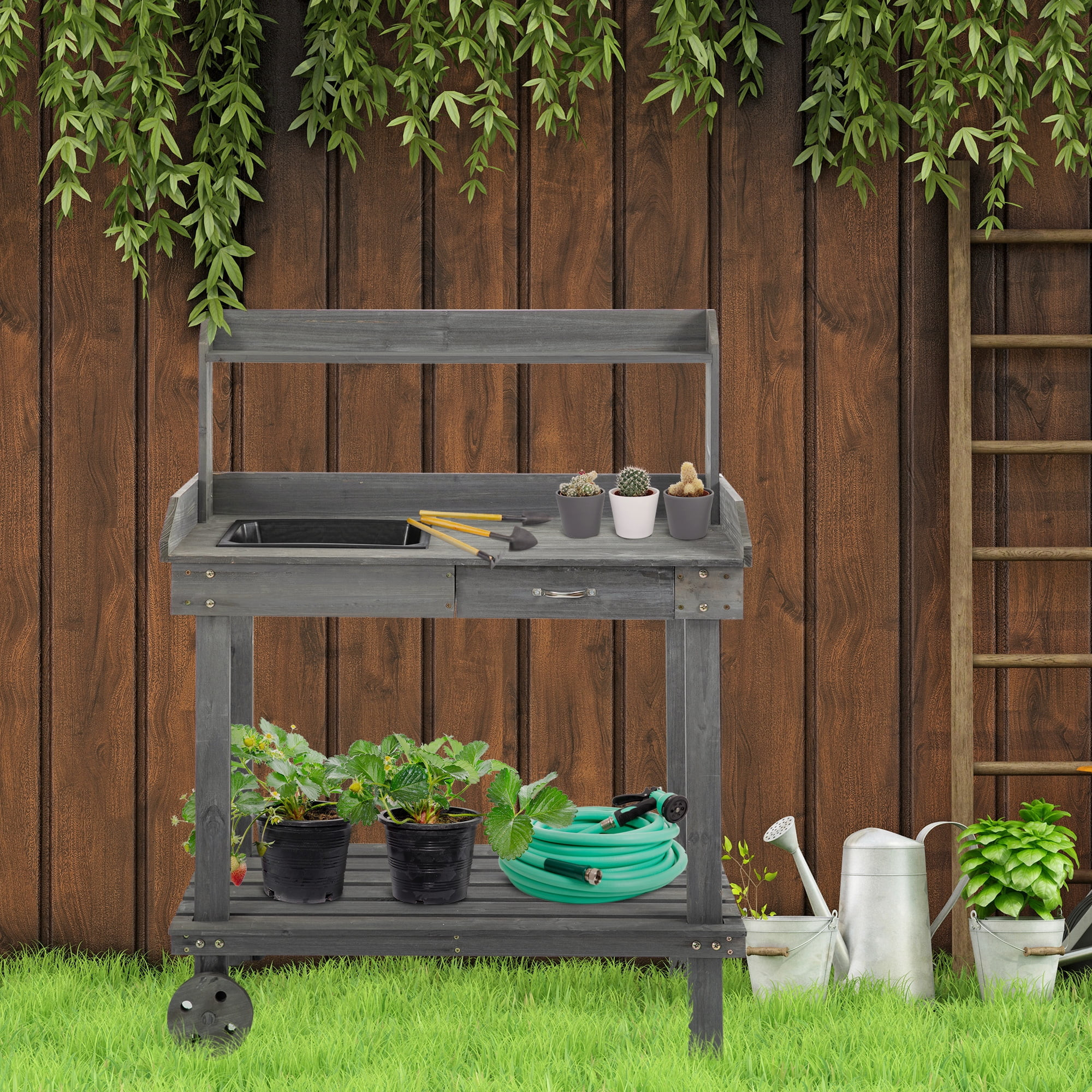 Outsunny 36'' Wooden Potting Bench Work Table with 2 Removable Wheels, Sink, Drawer & Large Stora... | Walmart (US)