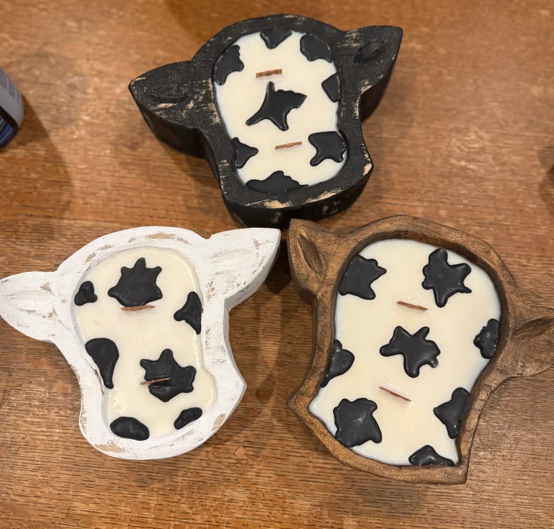 Mini Cow Head Dough Bowl Candle, 2 Wick Candles, Cows Rustic Soy Wooden Bowls Farmhouse, Western,... | Etsy (US)