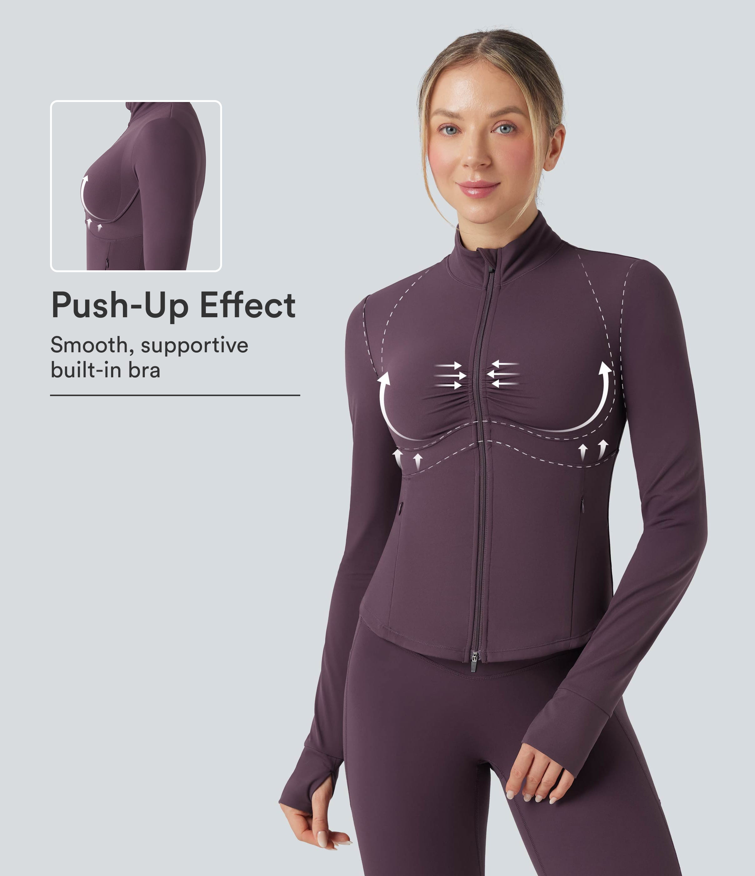 Halara Halara UltraSculpt™ Mock Neck Ruched Push-Up Long Sleeve Thumb Hole Yoga Jacket with Pockets  - Night's Purple - XL | HALARA