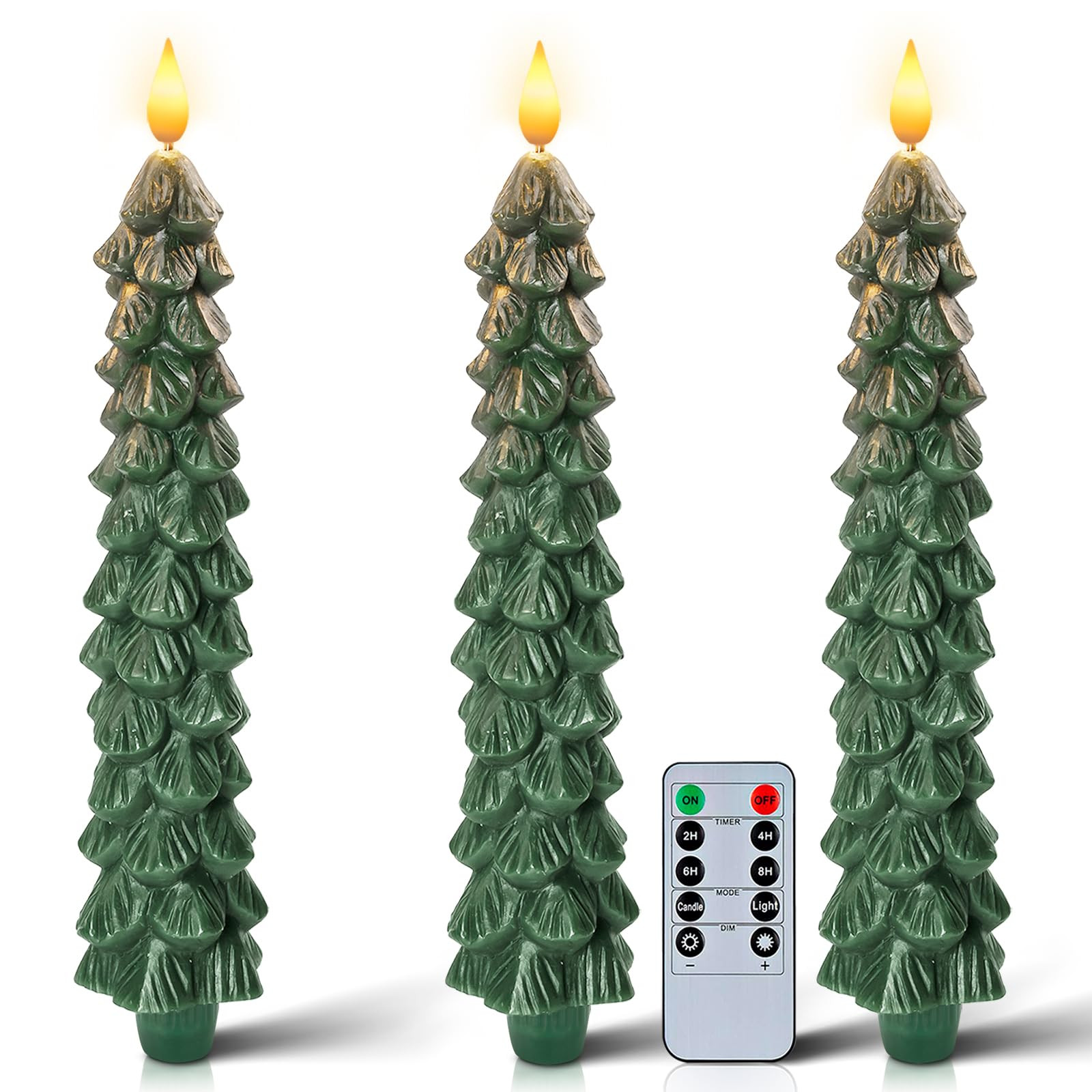 Homemory 3 Pcs Tree Taper Candles with Remote, Waxy Flameless Flickering Candles, Green LED Candl... | Amazon (US)