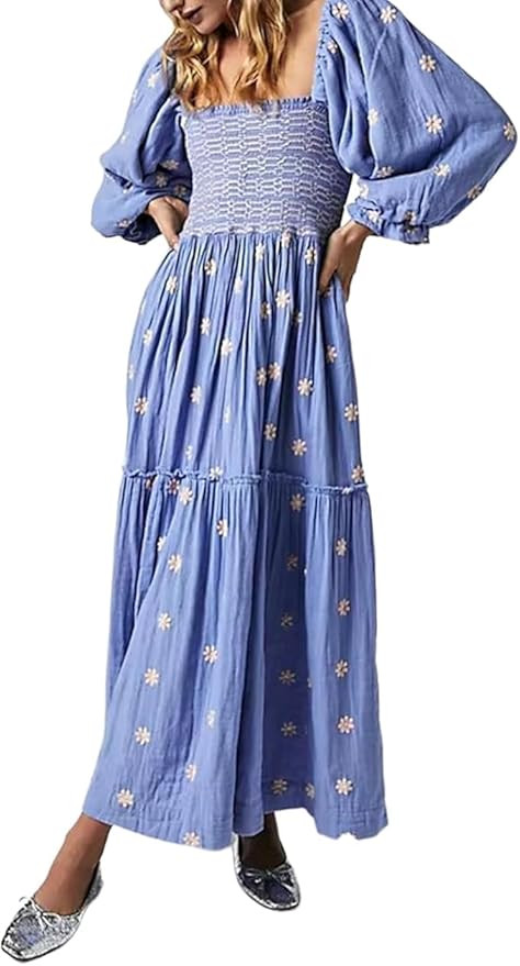 Women Floral Embroidered Smocked Maxi Dress Long Puff Sleeve Square Neck Bohemian Flowy Dress wit... | Amazon (US)