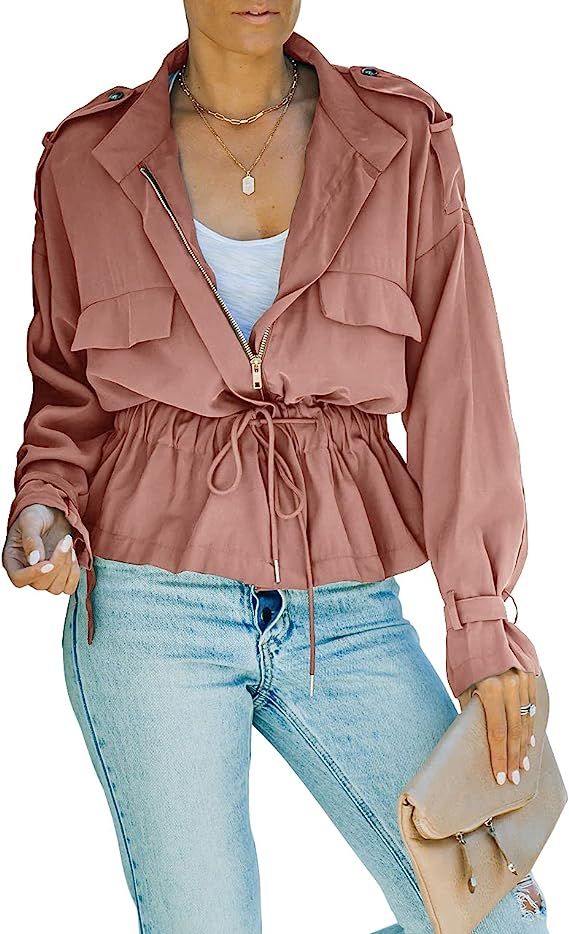 Women's Lightweight Military Jacket Ruffle Hem Zip Up Safari Utility Cargo Anorak Short Coat with... | Amazon (US)