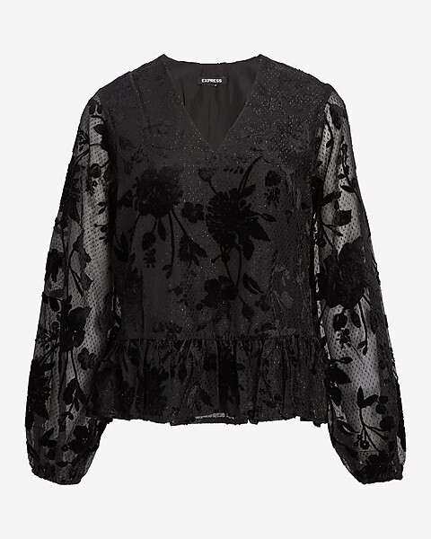 Sparkle Velvet Floral V-neck Peplum Top | Express