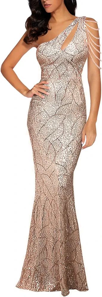 Women One Shoulder 1920s Plus Size Formal Dress Tassels Sleeve Sequins Gatsby Maxi Evening Gown | Amazon (US)