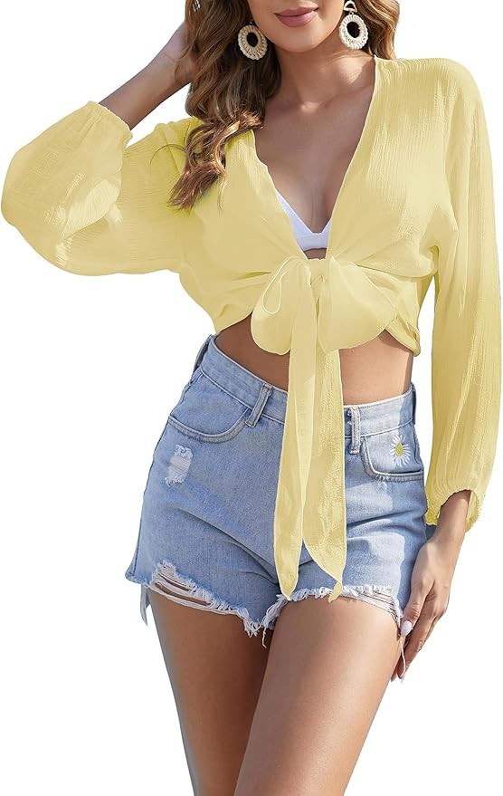 Women's Beach Cover Up Crop Top Tie Front V Neck Summer Long Sleeve Swimsuits | Amazon (US)