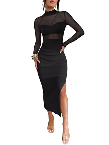 Caracilia Womens Mesh Dress Long Sleeve Mock Neck Bodycon Sheer Going Out Cocktail Night Club Midi Dresses 3 Piece Outfits Black Medium | Amazon (US)
