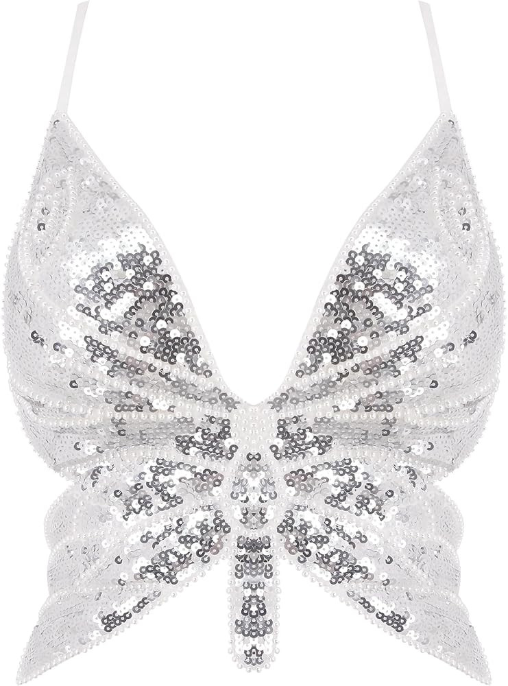 Womens Glitter Sequin Butterfly Crop Top Low-Cut Tank Top Rave Tube Vest Top for Belly Dance Cost... | Amazon (US)