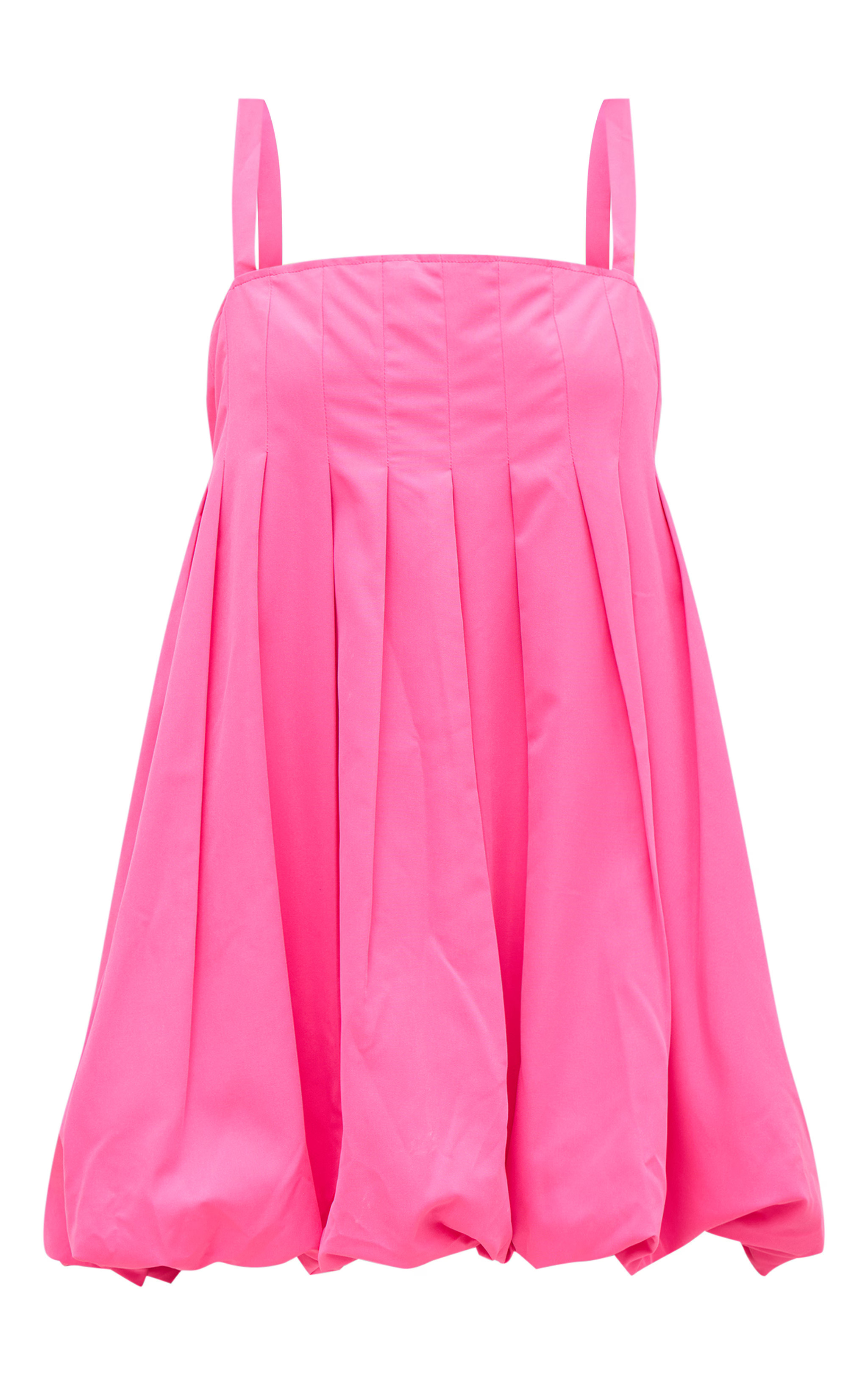 Bright Pink Woven Pleated Puff Ball Dress | PrettyLittleThing US