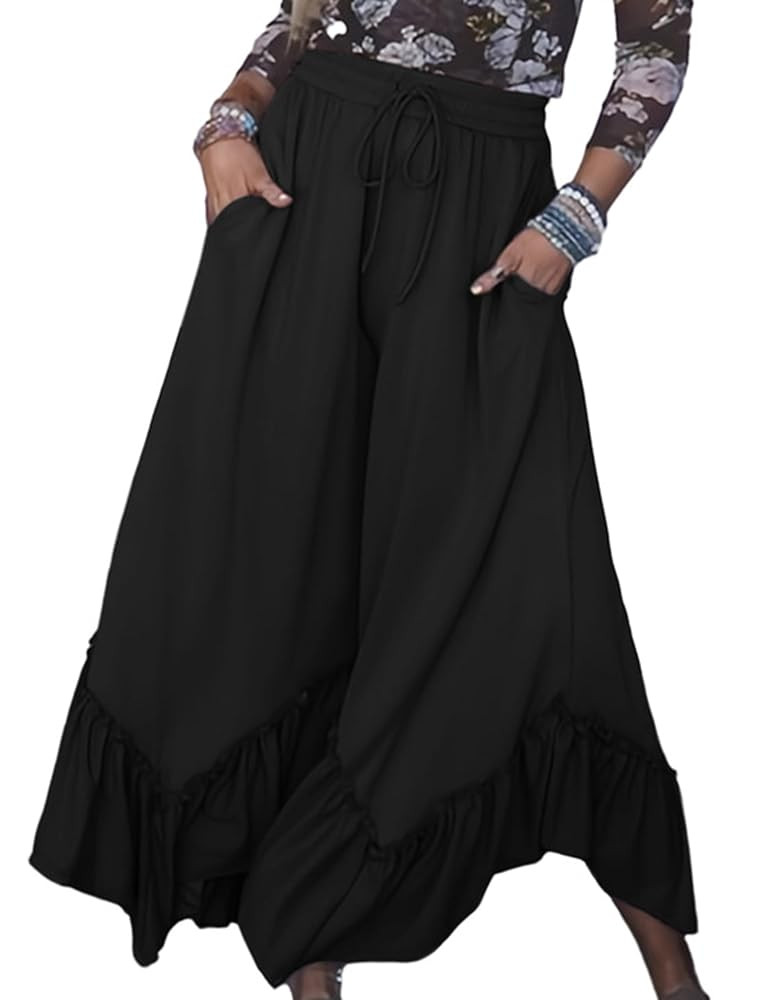 Womens Wide Leg Palazzo Pants Baggy Lounge Ruffled Hem Adjustable Drawstring Culotte Trousers wit... | Amazon (US)