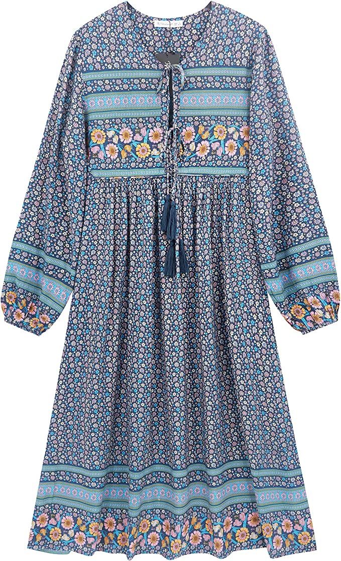 R.Vivimos Women's Long Sleeves Floral Print Retro V Neck Tassel Casual Bohemian Midi Dresses | Amazon (US)