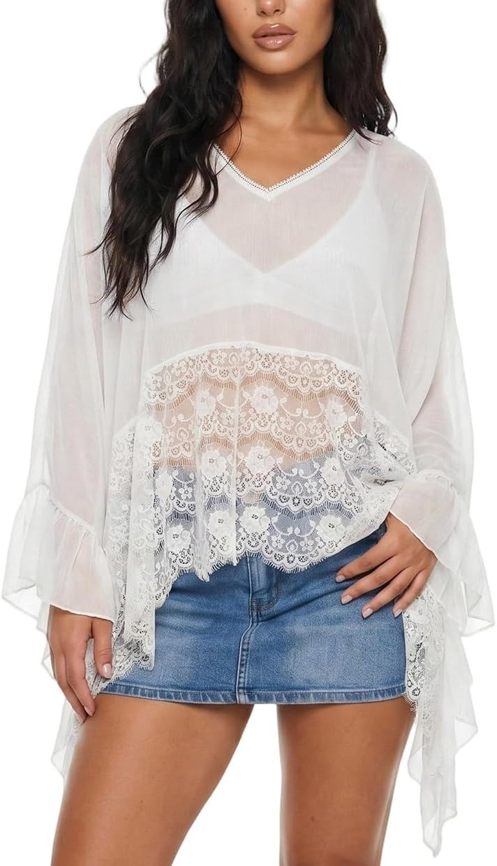 Women Sheer Poncho Tops Oversized Batwing Sleeve Blouse Contrast Lace See Through Mesh Cover Up Ruffle Flowy Boho Shirt | Amazon (US)