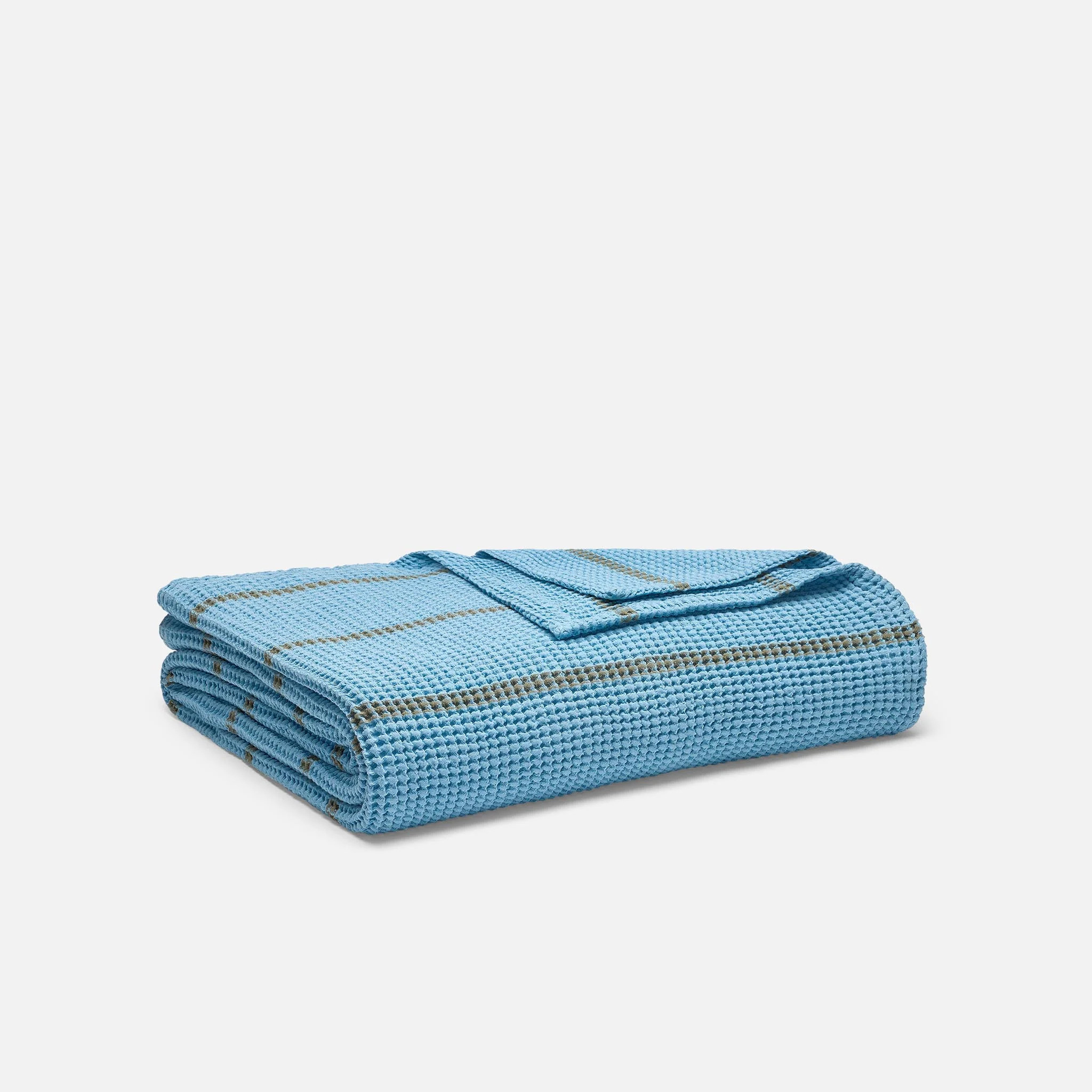 Brooklinen Dreamweave Waffle Bed Blanket size Full/Queen in Cerulean Stripe | Brooklinen