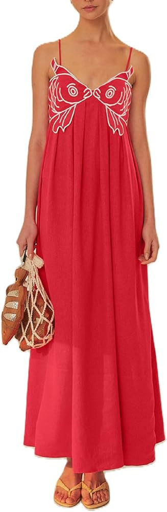 Women Koi Fish Maxi Dress 3D Embroidered Boho Long Dress Spaghetti Strap Empire Waist Flowy Vacat... | Amazon (US)