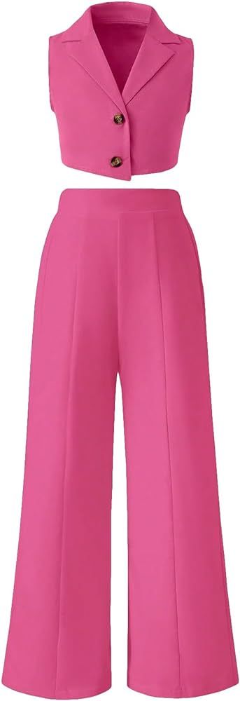 Verdusa Girl's 2 Piece Outfits Clothing Sets Button Front Crop Vest Blazer and Wide Leg Pants | Amazon (US)