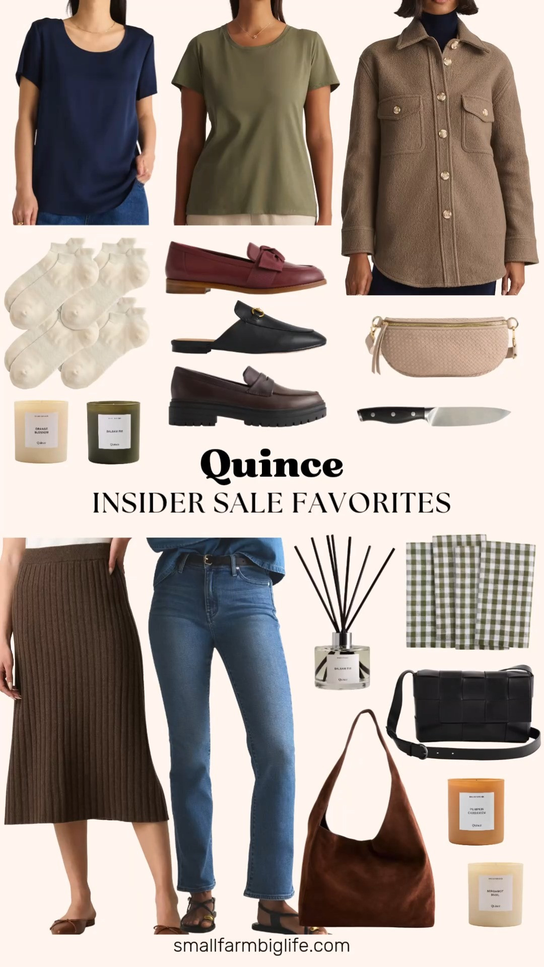 🍂 Quince Insider Sale Favorites

Quince is having an Insider Sale on October 6 only, in the Quince app. They rarely have sales, but when they do I always shop them, because Quince is my go to for elevated staples. For fall bags, I picked a black Italian leather handwoven flap crossbody, a taupe handwoven sling bag, and a chocolate brown suede shoulder bag. For fall shoes, there's a coffee bean Italian leather lug sole loafer, a black horsebit loafer mule, and a wine leather bow penny loafer. In clothing, I love the seaside blue stretch kick flare jeans, a brown Mongolian cashmere midi skirt, a dark olive cotton modal scoop neck tee, and a heather elm merino wool shirt jacket for easy fall layering. These pieces make fall outfits for women over 50 feel polished without trying too hard. The linen white cotton ankle socks 4 pack are my favorite for walking on my treadmill. For cozy fall decor, Quince candles last a long time and smell amazing. Pumpkin Cardamom is perfect for fall, Bergamot Basil is my favorite year round candle, and Orange Blossom is fresh and bright. The Balsam Fir candle and reed diffuser smell like the Thymes Frasier Fir scent for much less. I also added a fully forged German stainless steel utility knife and olive gingham European linen napkins, a set of 8 that's perfect for your Thanksgiving table. Shop these elevated staples before the sale ends.

#quince #quincefinds #elevatedbasics #fallfashion #falldecor #salealert 

 #LTKootd #LTKOver40 #LTKSaleAlert