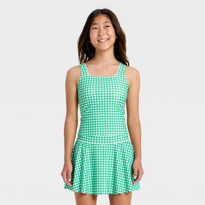 Girls' Active Scallop Crop Tank Top - All In Motion™ Forest Green Gingham M | Target