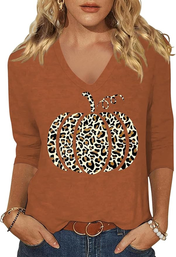 Womens Fall Shirts Halloween V Neck 3/4 Length Sleeve Pumpkin T-Shirts Thanksgiving Graphic Tee T... | Amazon (US)