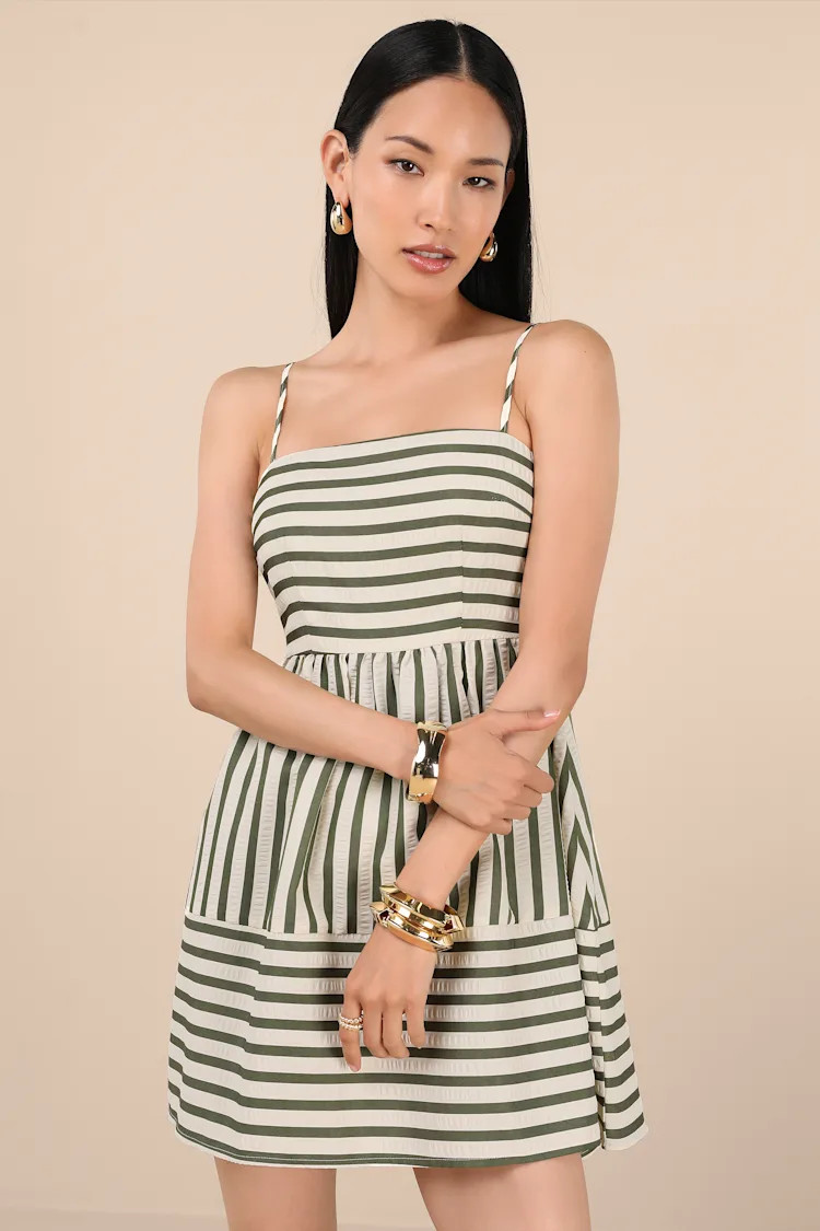 Yamila Olive Striped Textured Cutout Mini Dress | Lulus