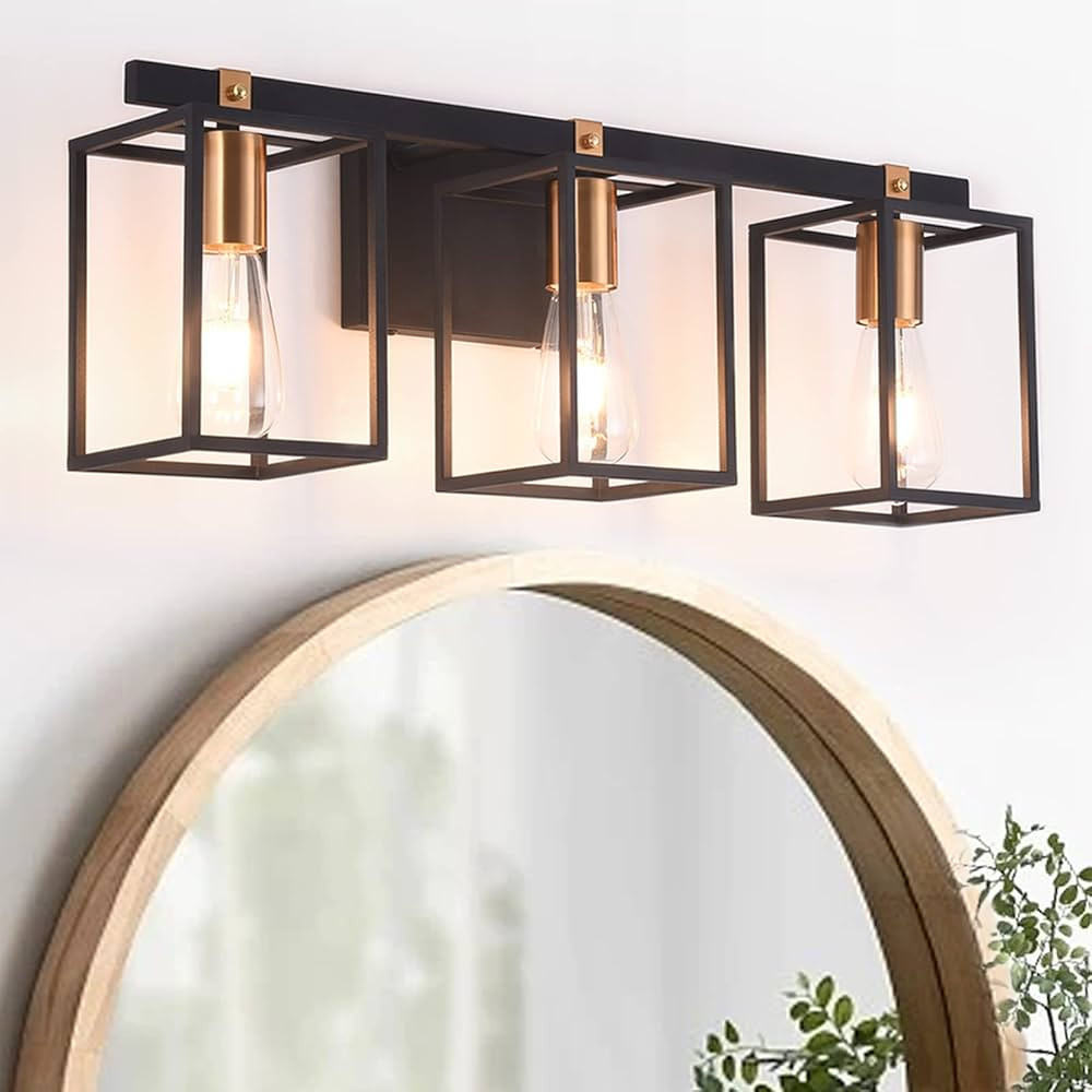 Liwuu Modern Industrial Bathroom Vanity Light Fixtures 3 Lights Black and Antique Brass Gold Meta... | Amazon (US)