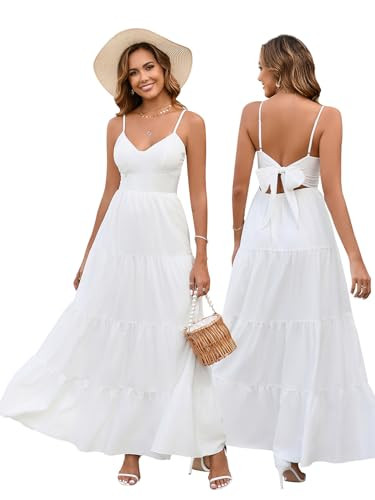 HTZMO Women Casual Summer Floral Maxi Sundress V Neck Spaghetti Strap Bow Tie Backless Flowy Boho... | Amazon (US)