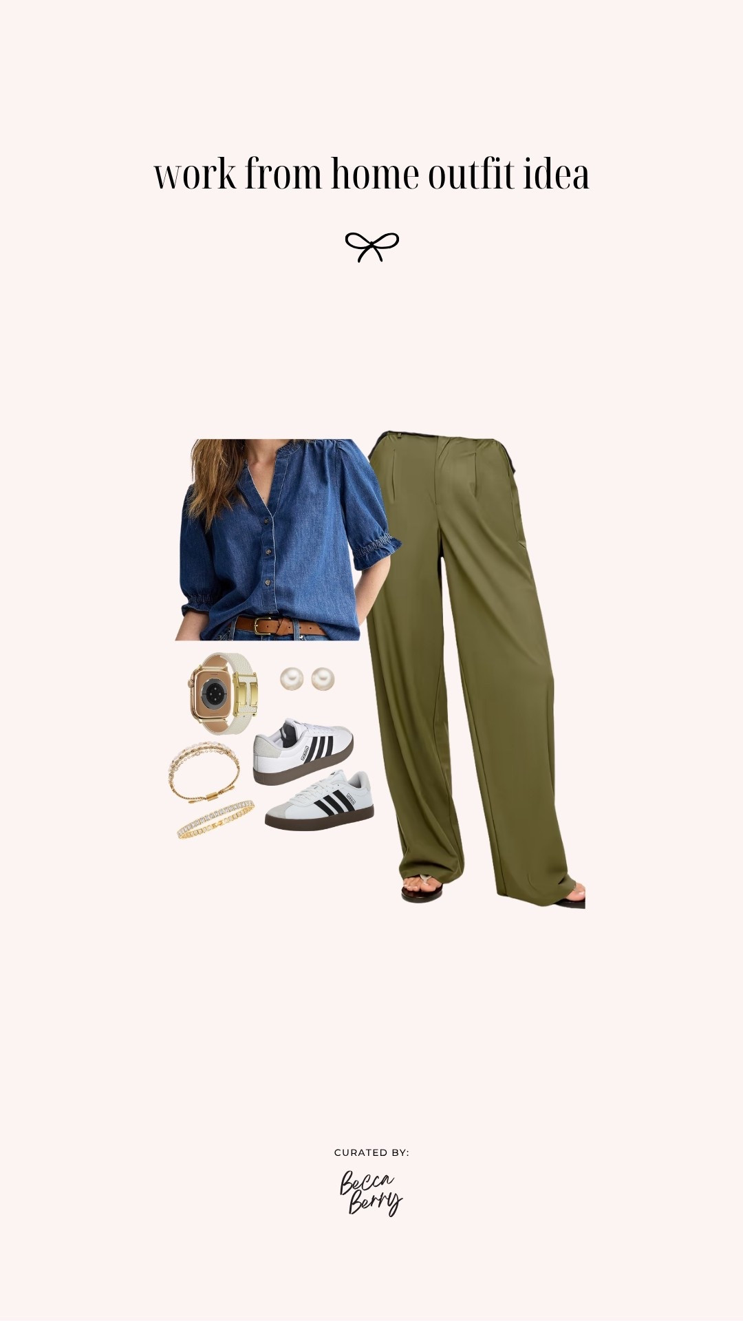 Starting Monday with an easy midsize WFH outfit that feels polished without trying too hard.

I’m pairing the Sonoma Goods For Life Puff Sleeve Button Front Top in Rinse Wash from @Kohl's with Old Navy High-Waisted SleekTech Trouser Pants in Hearthwood, a darker olive green that’s such an easy alternative to basic black trousers.

The puff-sleeve chambray adds a little detail, while the trousers keep everything comfortable and workday-ready. I’m finishing the outfit with pearl studs, my @amazonfindsandfashion tennis bracelet, Apple Watch, and adidas sneakers.

It’s an easy work-from-home outfit formula that could just as easily work for an in-office day, errands, or lunch.

Save this outfit formula for later.