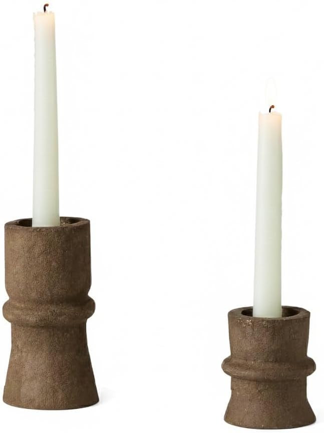 Romadedi Brown Paper Mache Taper Candle Holders, Set of 2 | Boho Farmhouse Decor, Textured Candlestick Holder for Dining Table Centerpieces, Fireplace Mantel, Living Room. | Amazon (US)