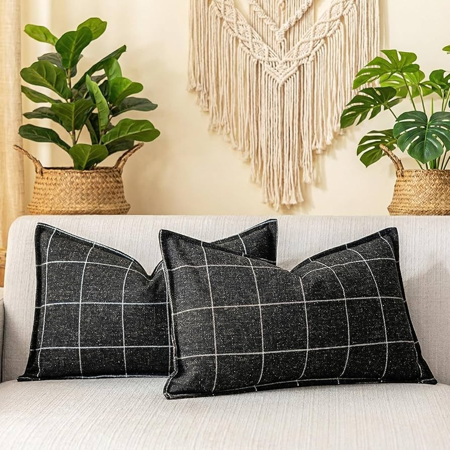 Black 12x20 Pillow Cover, Boho Plaid Lumbar Pillow Covers 12x20 Set of 2, Black and White Woven C... | Amazon (US)