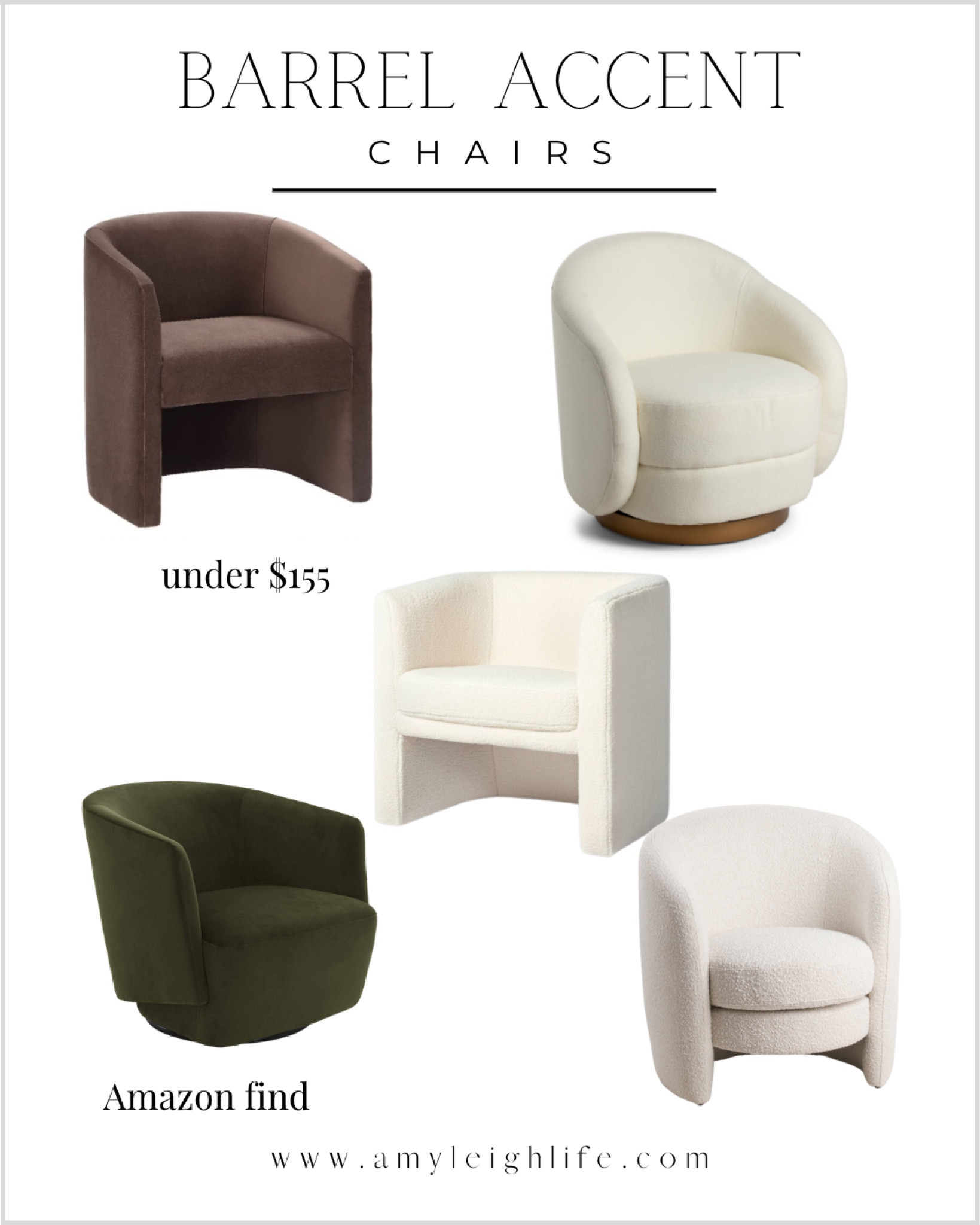 Barrel accent chair finds. Sharing a few popular barrel chairs as well as some new ones. The brown one is budget friendly and new. So far it has 2 reviews on Amazon, but both reviews gave it 5 stars. This one might turn out to be a great dupe for some of the more expensive chairs out there! I will link to this one, as well as other price points.

Barrel chair, swivel chair, swivel accent chair, accent chairs living room, amazon accent chair, brown barrel chair, brown accent chair, white accent chair, white barrel chair, target accent chair, target chair, bedroom accent chair, bedroom swivel chair, green accent chair, green barrel chair, amazon brand chair, velvet accent chair, velvet swivel chair, luxury chair, target home, target finds, target furniture, Vernon chair, studio mcgee target, target studio mcgee, threshold studio mcgee, boucle chair, furniture sale, chairs on sale, barrel chair on sale, wayfair finds, wayfair furniture, wayfair home, boucle swivel chair, tj maxx finds, tj maxx home, barrel armchair, barrel arm chair, swivel armchair, swivel arm chair, accent armchair, accent arm chair, living room chairs, living room accent chairs, living room swivel chair, living room boucle chair, living room furniture, living room decor, living room ideas, decorating ideas, amazon living room, amazon deals, amazon furniture, amazon home finds, Amy leigh life

#amyleighlife
#barrelchairs

#LTKFind #LTKhome #LTKsalealert