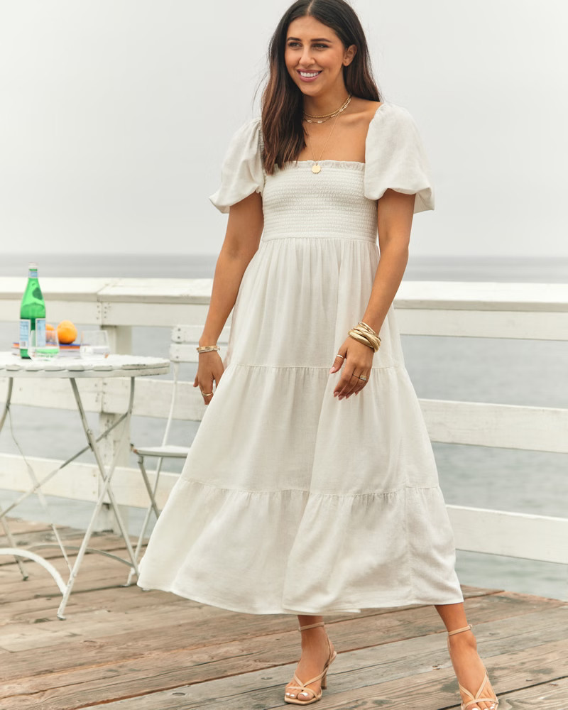 Women's Flowy Linen-Blend Midi Dress | Women's Dresses & Jumpsuits | Abercrombie.com | Abercrombie & Fitch (US)