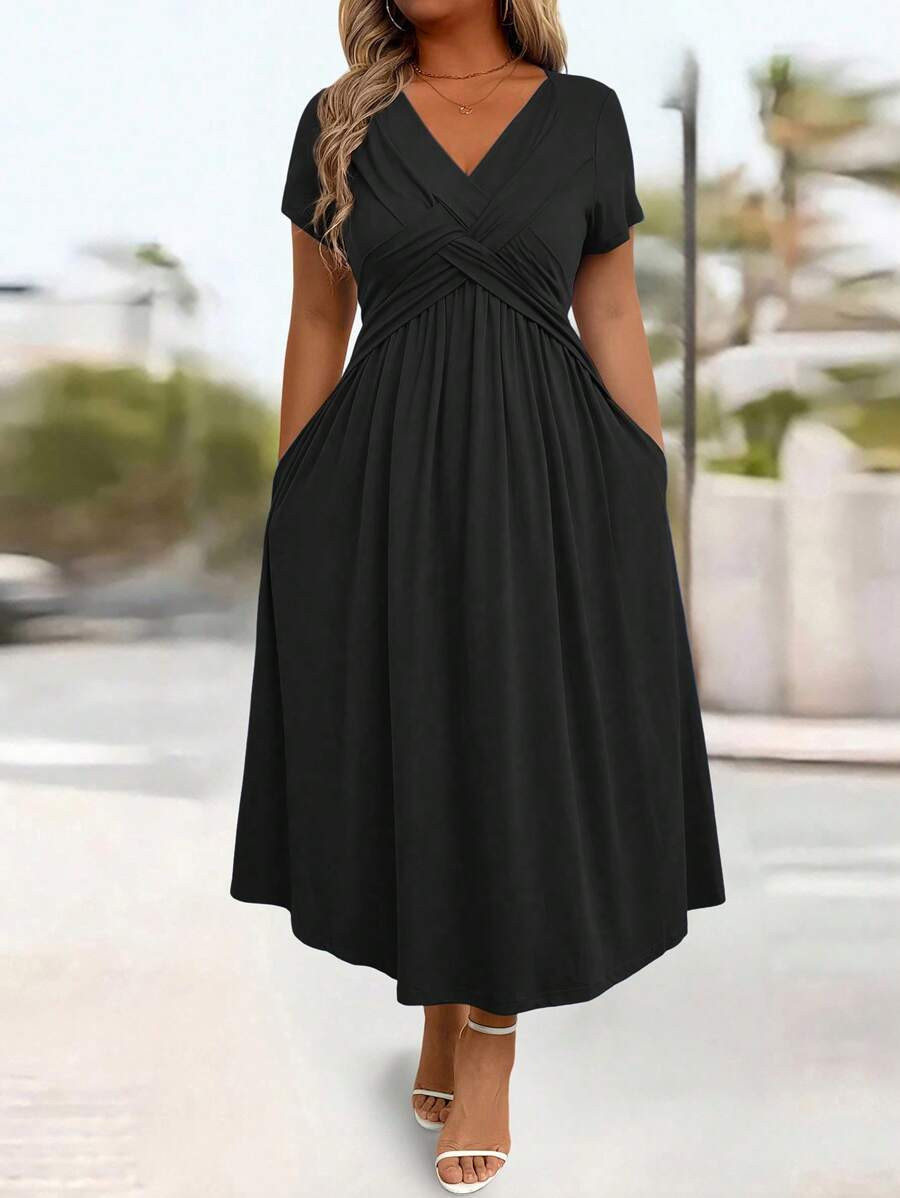 EMERY ROSE Plus Size Casual Solid Color V-Neck Cinched Waist Slant Pocket Sundress For Summer, Fo... | SHEIN