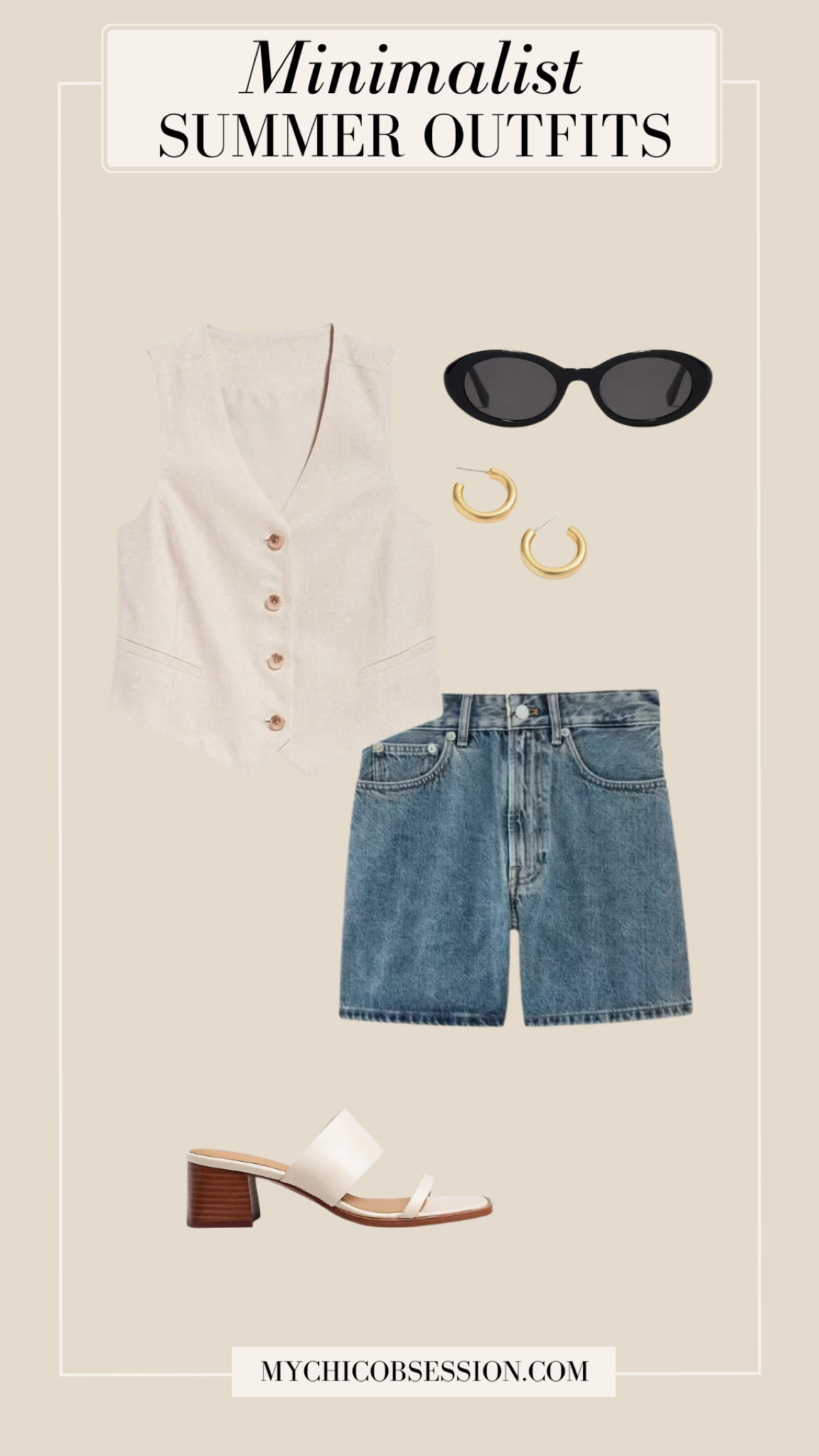 Style your linen vest for summer with a-line denim shorts, oval sunglasses, gold hoops, and slide sandal heels.

#LTKshoecrush #LTKstyletip #LTKSeasonal