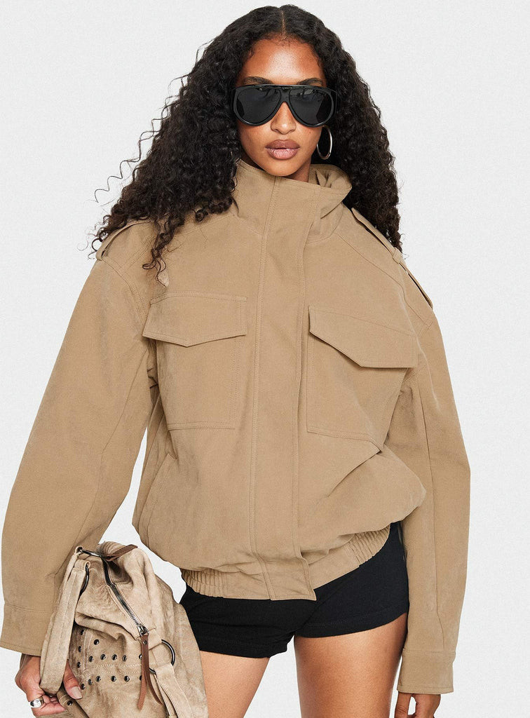 Double Life Funnel Neck Cargo Jacket Beige | Princess Polly US