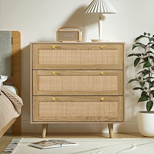 Anmytek 3 Drawer Dresser for Bedroom, Rattan Dresser Modern Wood Chest of Drawers with Spacious Storage for Bedroom Hallway Living Room, Rustic Oak, H0027 | Amazon (US)