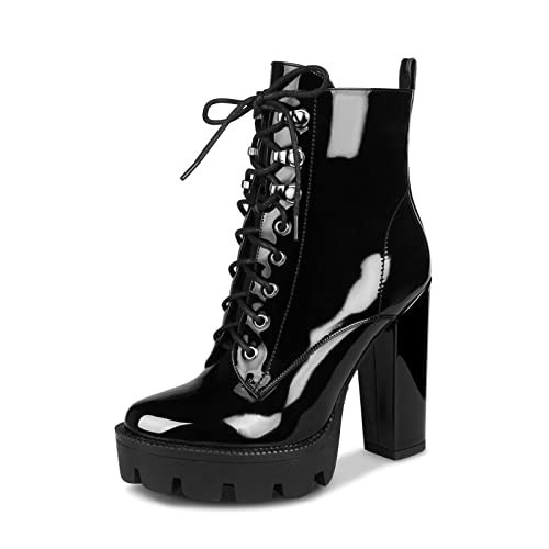 Wetkiss Platform Boots - Black Chunky Heel Combat Boots with Ankle Booties, Patent Leather, High Heel, Glossy Finish | Amazon (US)