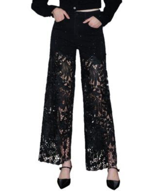 Embroidery Wide Leg Lace Jeans with Rhinestone in Black Wash | Bloomingdale's (US)