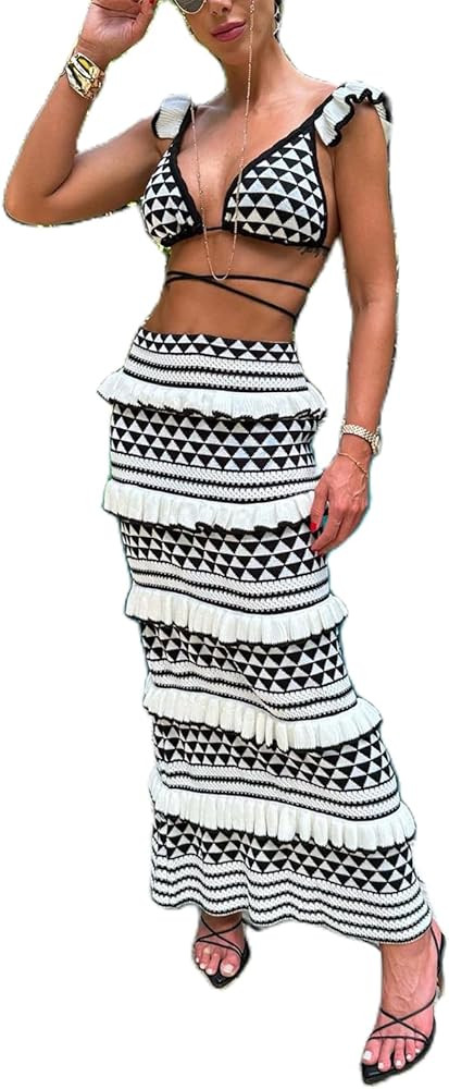 Crochet Knit 2 Piece Skirt Sets for Women Summer Hollow Out Crop Top Bodycon High Waist Maxi Skir... | Amazon (US)