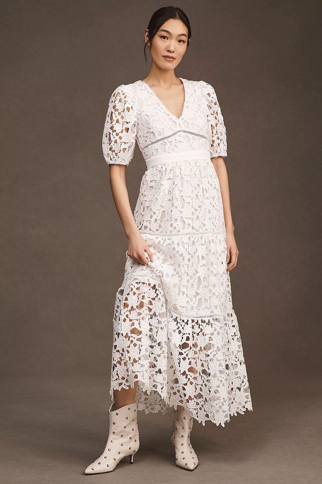 Endless Rose V-Neck Puff-Sleeve Lace Tiered Maxi Dress | Anthropologie (US)