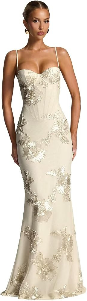 Spaghetti Straps Mermaid Prom Dress 2026 Floral Embroidery Long Corset Formal Evening Gowns | Amazon (US)