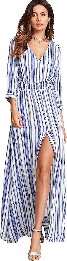 Milumia Women's Stripe V Neck Half Sleeve Split Button Up Party Maxi Dress | Amazon (US)