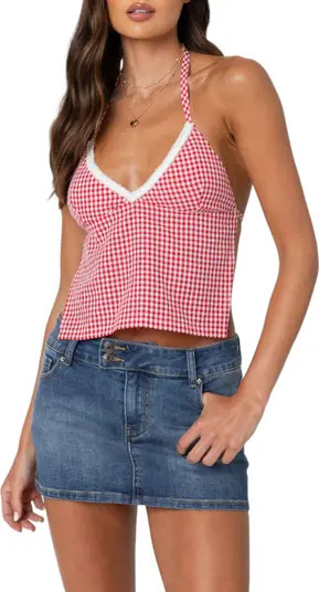 EDIKTED Charmaine Gingham Open Back Halter Top | Nordstrom | Nordstrom