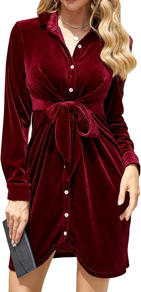 Leadingstar Women Velvet Dress Tie Front Button Down Ruched Elegant V Neck Bodycon Cocktail Mini ... | Amazon (US)