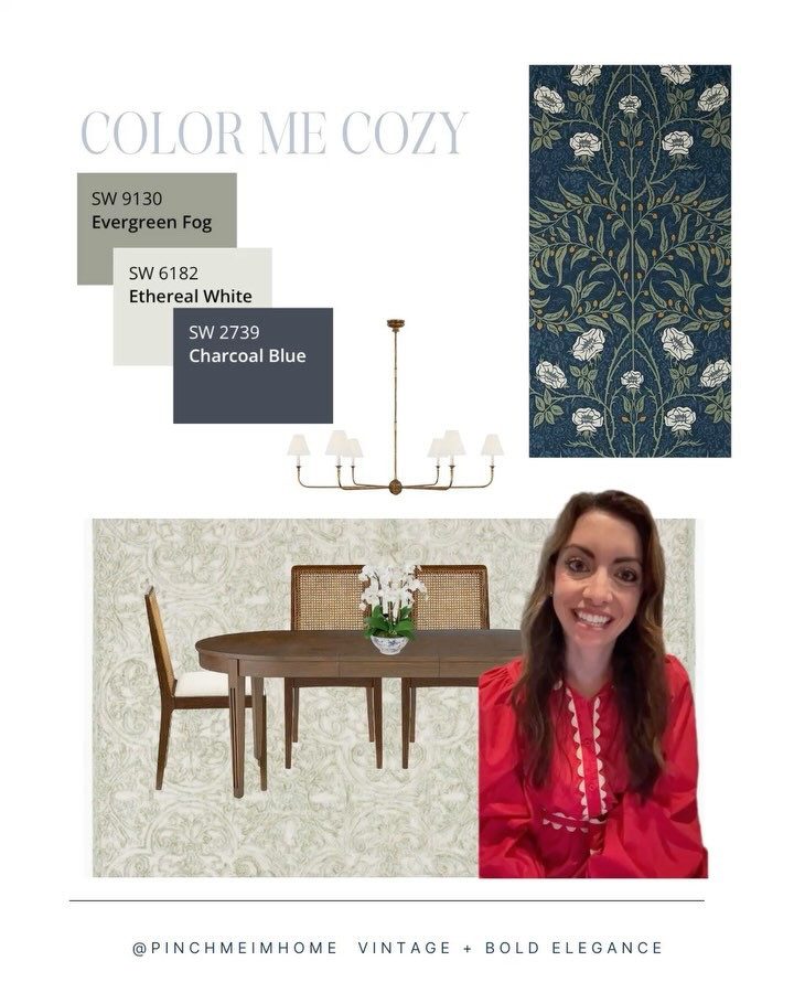 Welcome to Color Me Cozy—where you give me the color palette + room, and I serve up the design inspo!

This week’s cozy combo: Navy + Green for a dining room—a perfect blend of classic, bold, and vintage charm.

In this week’s roundup:
- A complete dining room look with wallpaper, furniture, and a neutral rug
- Alternate wallpaper options if you’re feeling adventurous
- Bold rug picks (for the wallpaper commitment-phobes)
- A roundup of stylish buffets and lighting to tie it all together (beautiful artwork by @hollystafford.art )
- And a peek at some secondhand steals—because estate sale magic is real

Dining rooms are the perfect place to mix vintage finds with new pieces and let your personality shine.

Got a favorite color combo you want to see next? Drop it in the comments or DM me!

Follow along for more cozy, curated spaces every week.

#navyandgreen #cozyspaces #colormecozy #diningroomdesign #vintagecharm #designinspiration #pinchmeimhome