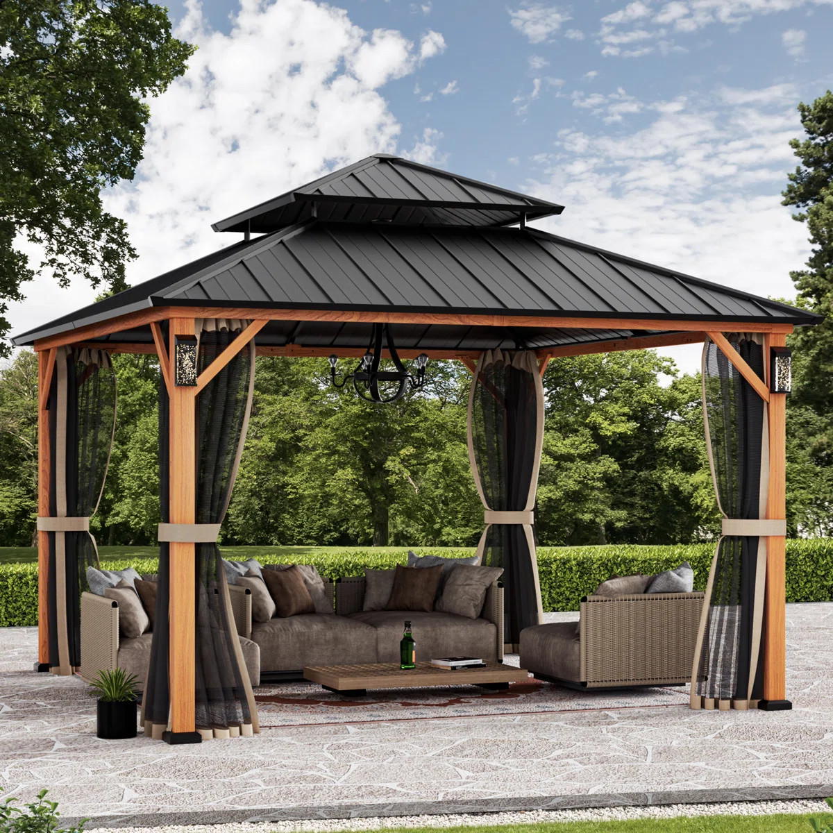 Hamilton 12' x 12' Hard Top Gazebo With Solar Self Powered LED Lights, Mosquito Netting And Canop... | Wayfair North America