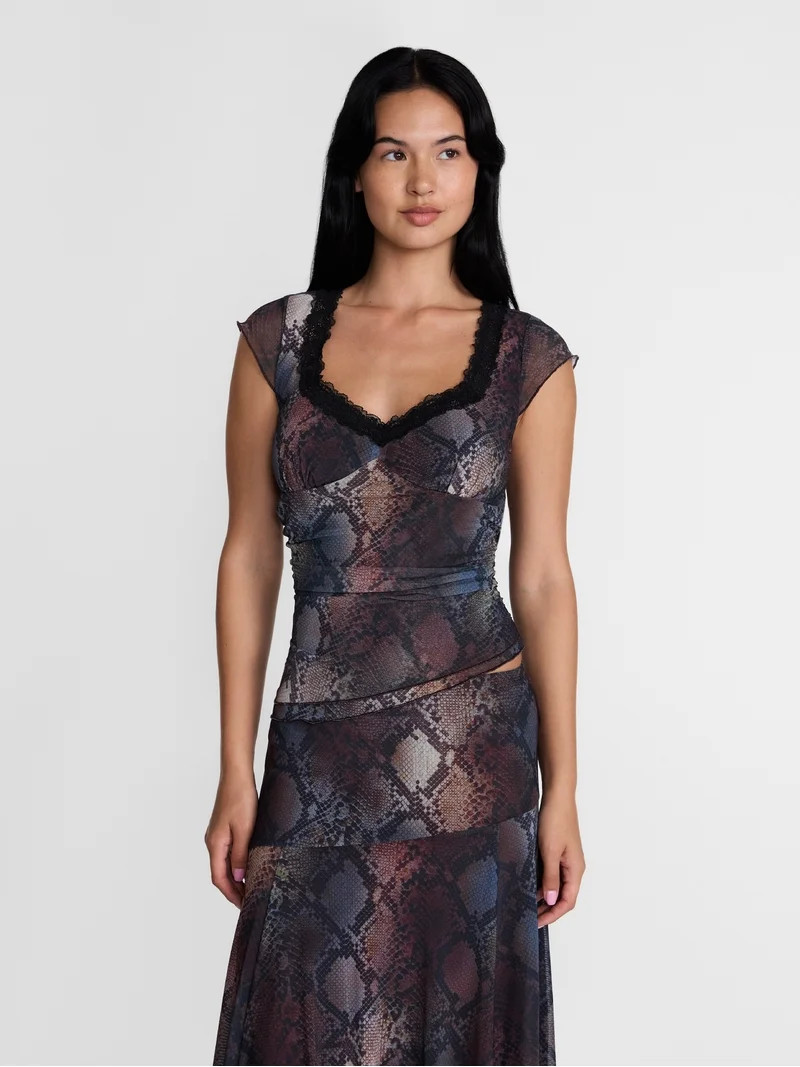 Madden NYC Women\u2019s Asymmetrical Lace Top with Cap Sleeves, Sizes XXS-XXL | Walmart (US)