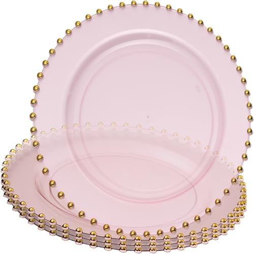 PLASTICPRO Translucent Pink with Gold Rim Plastic Charger Plates with Beaded Edge – Pack of 4 ... | Amazon (US)