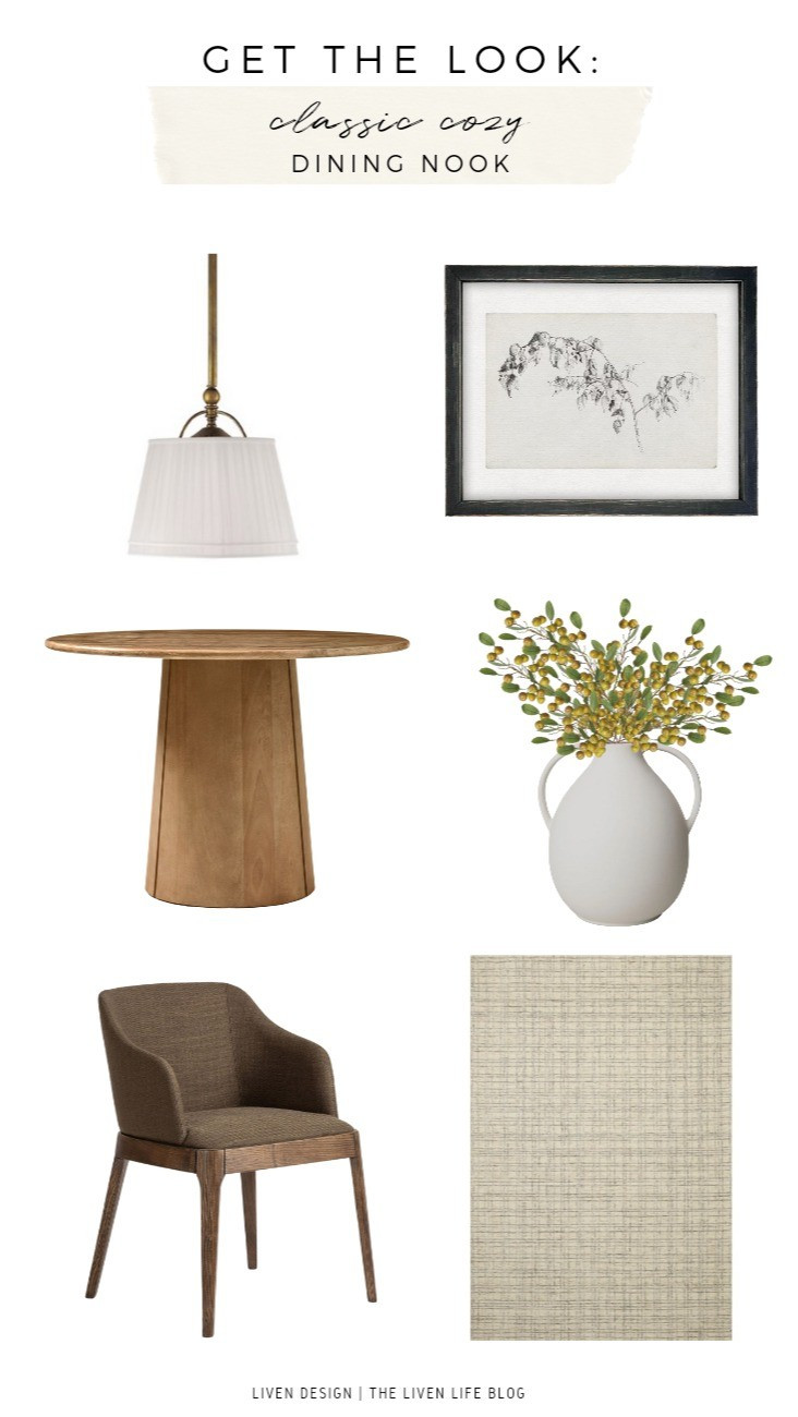 Classic cozy dining room. Upholstered dining chair. Pedestal dining table. Botanical art. Ceramic vase. Grid rug. Windowpane plaid neutral rug. Drum pendant 

#LTKSeasonal #LTKHome #LTKSaleAlert